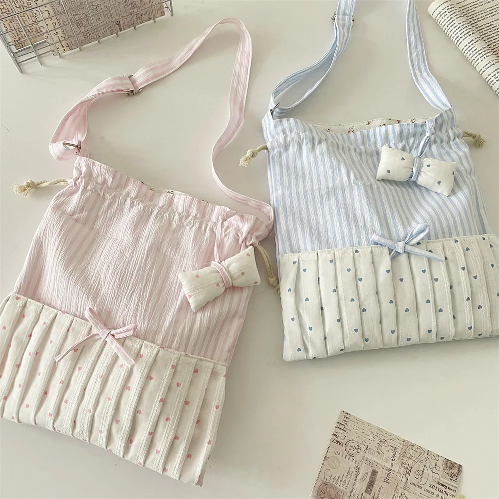 

Sweet Stripe Shoulder Bag with Small Bow for Women Cute Fashion Crossbody Pouch Soft Designer Elegant Ladies Tote Messenger Bag