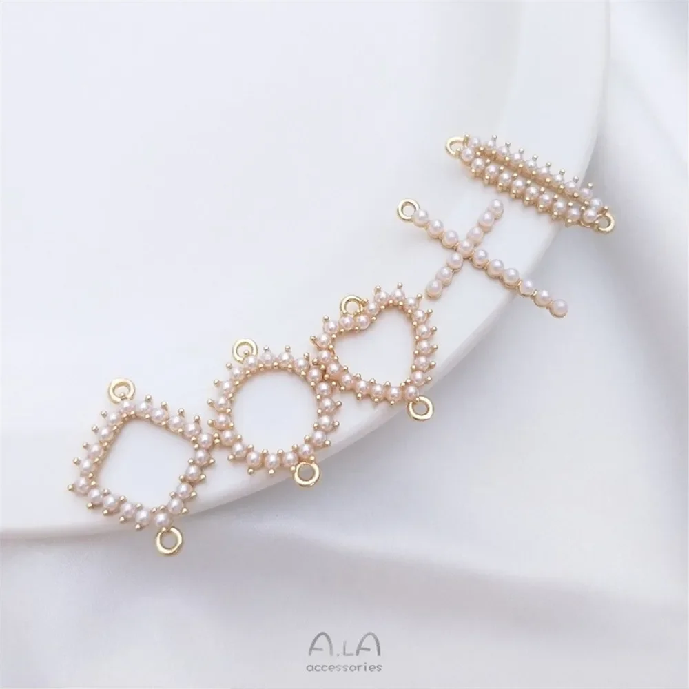 14K Gold eingelegte Perle herzförmiger Diamant rund doppelt hängendes Zubehör Diy Armband Ohrringe Anhänger Stecker K121