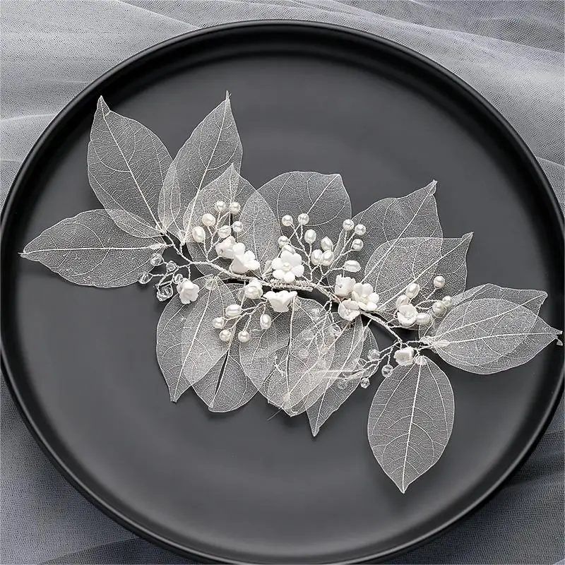 Handmade Leaves Flowers Pearls Women Headbands Beads Bridal Hairbands For Wedding Hair Accessories image 4