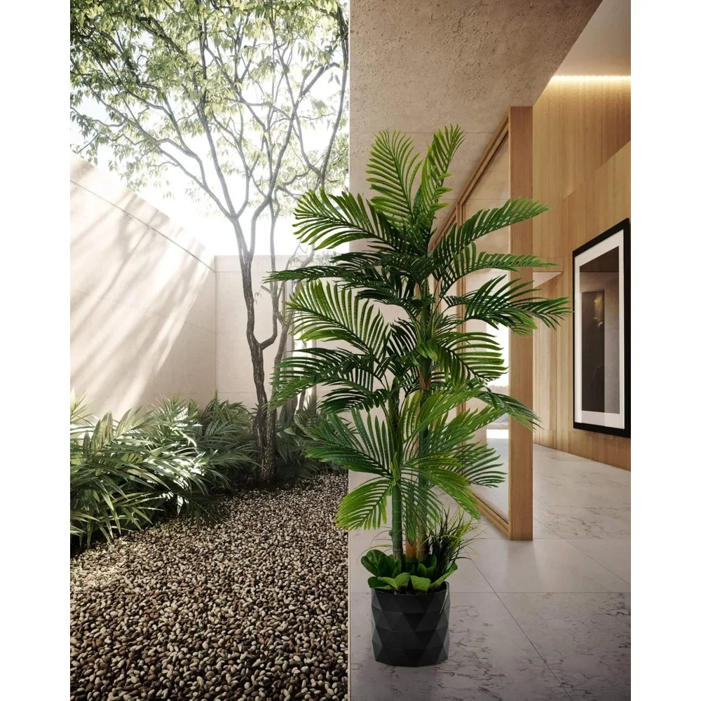 高級78インチの金色のヤシの木の人工樹木、フィドルリーフの葉付き、8インチのベース、12インチの植木鉢スカート、アメリカ国旗スタイル