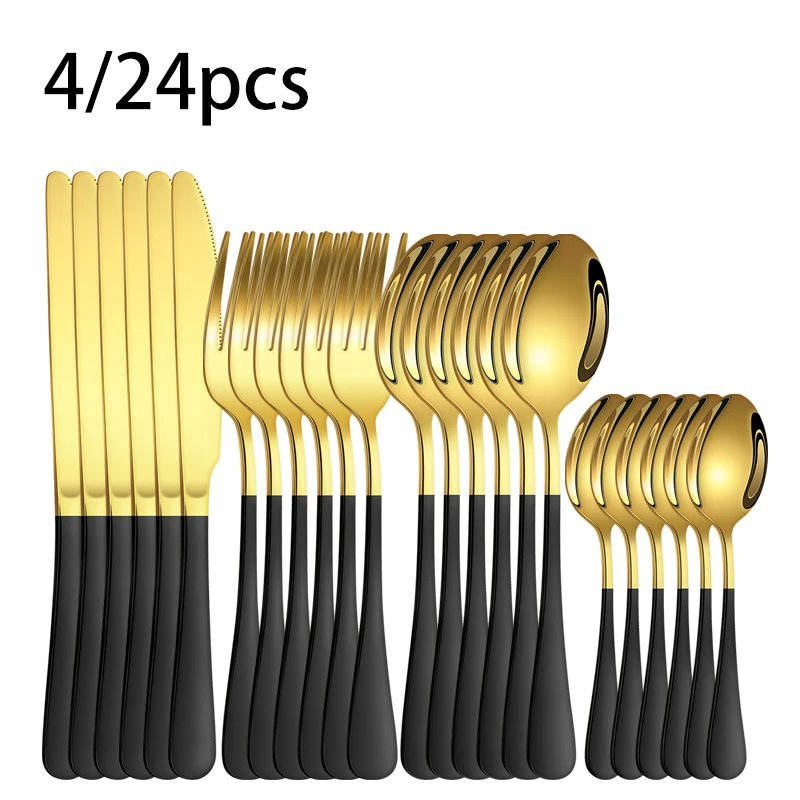 4/24 piece set of advanced two-color black gold 1010 stainless steel tableware set, the surface is polished by mirror.