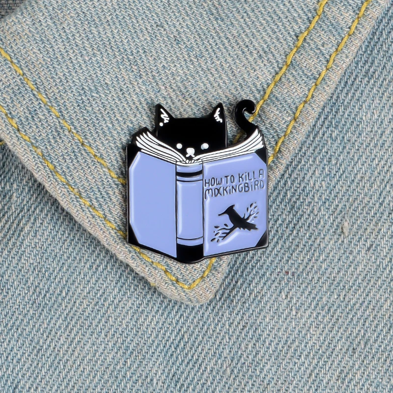 Reading Cat Enamel Pin Custom Animal Book Brooches Bag Clothes Lapel Pin How to Kill A Mocking Bird Badge Creative Jewelry Gift