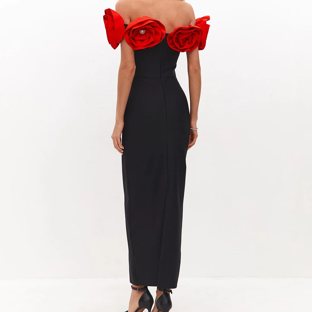 فساتين سهرة مستقيمة مخصصة بطول الشاي قبالة الكتف بدون أكمام فستان حفلات بسيط على شكل زهور كريستالية للحفلات #4