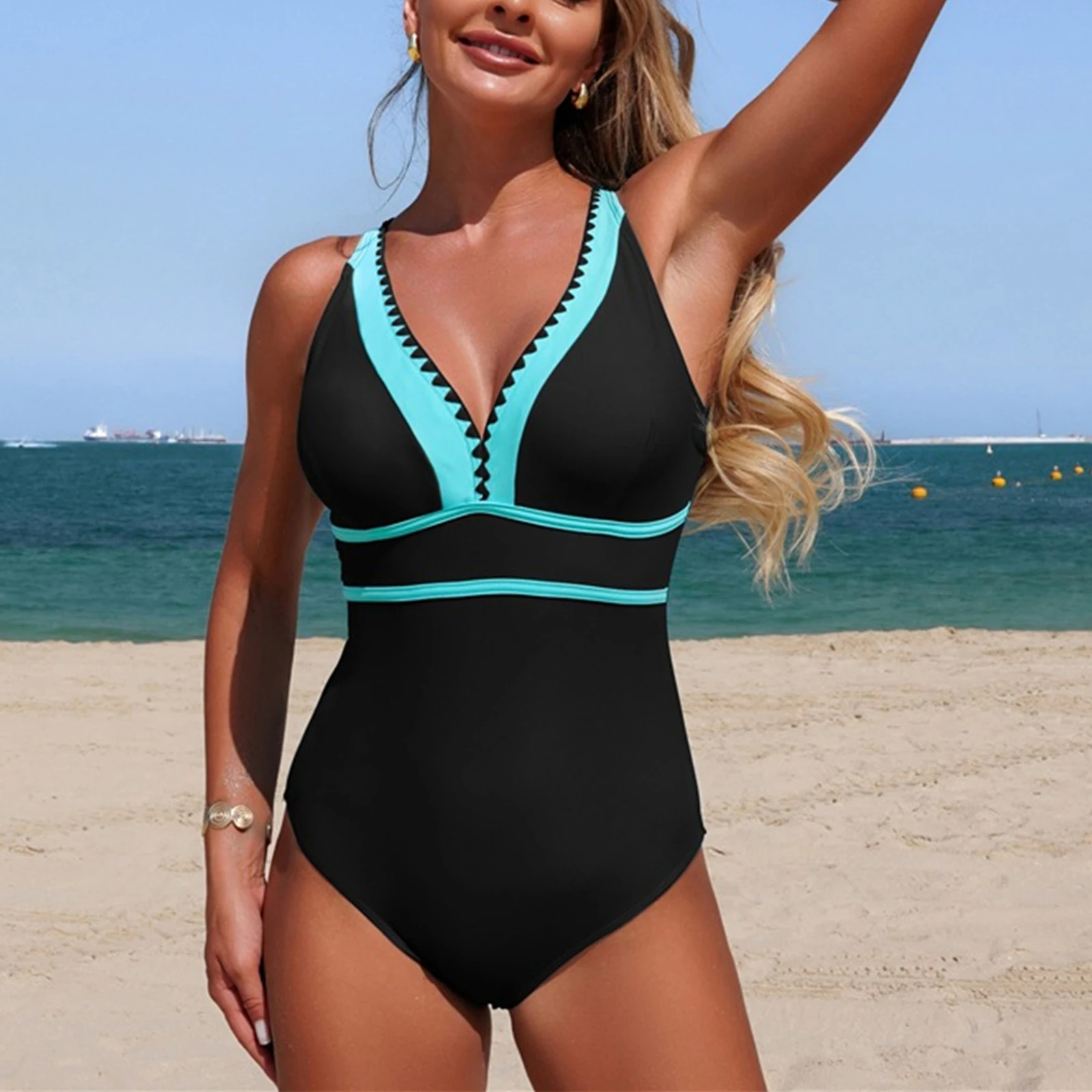 

Sexy Color Block Swimsuit Summer V Neck Zigzag Trim Ruched Tummy Control One Piece Beach High Cut Bathing Suit