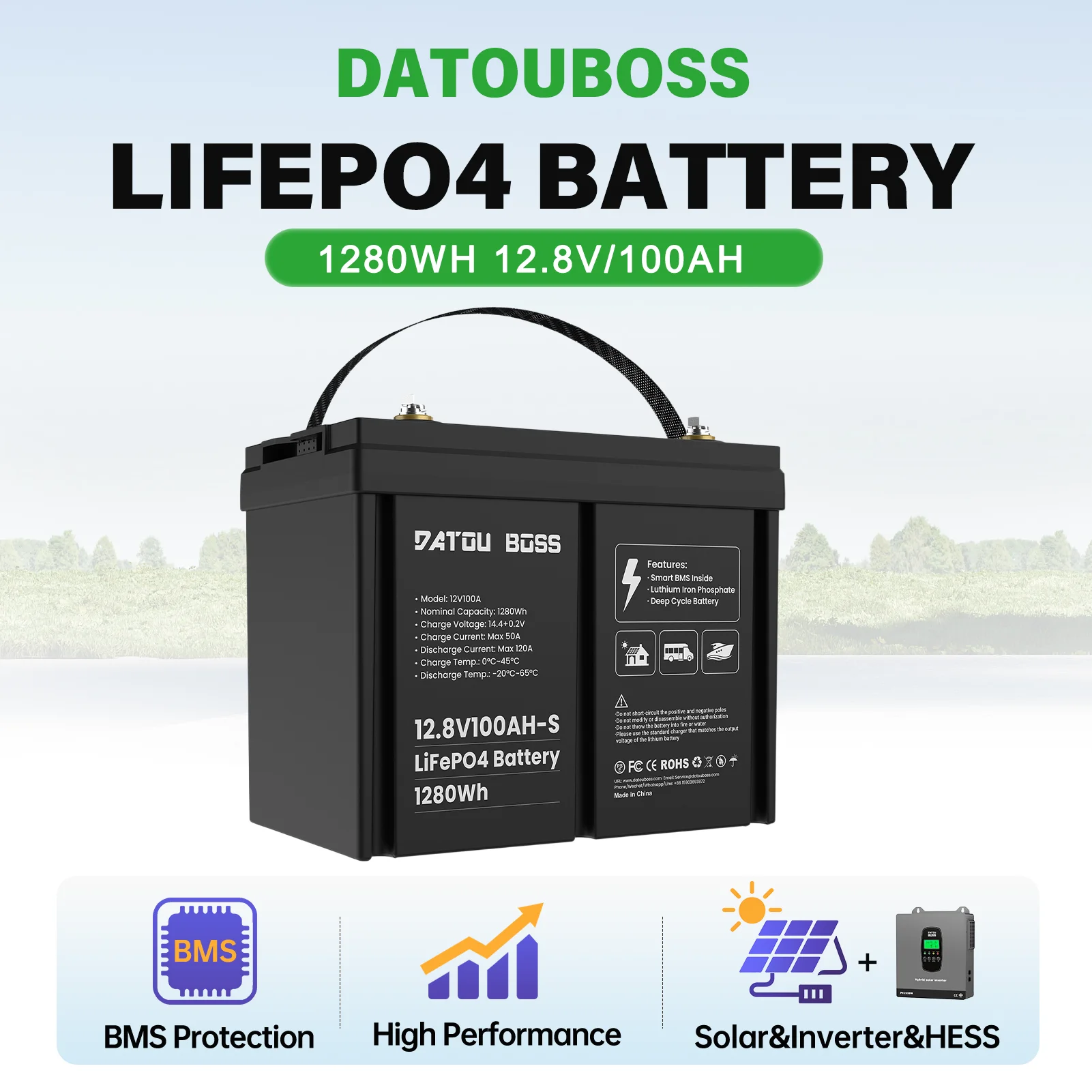 Batteria a ciclo profondo Datouboss 12V 100Ah 1280Wh Lifepo4, con BMS integrato, ad alte prestazioni per sistemi solari, inverter e accumulo di energia domestica.