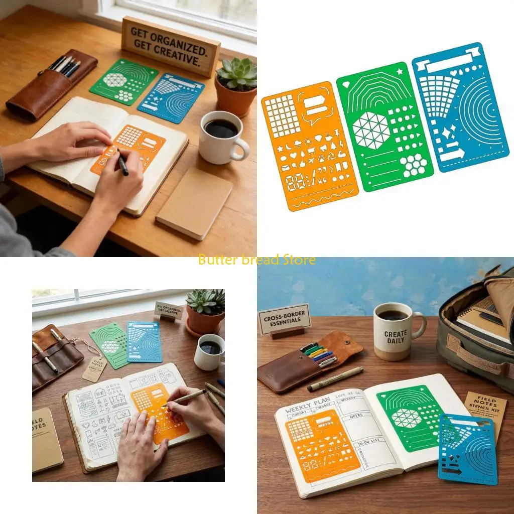 w89c-プラスチック測定ツール-3-パック、フィールドノートジャーナルテンプレート用の幾何学的なデザインガイド付き