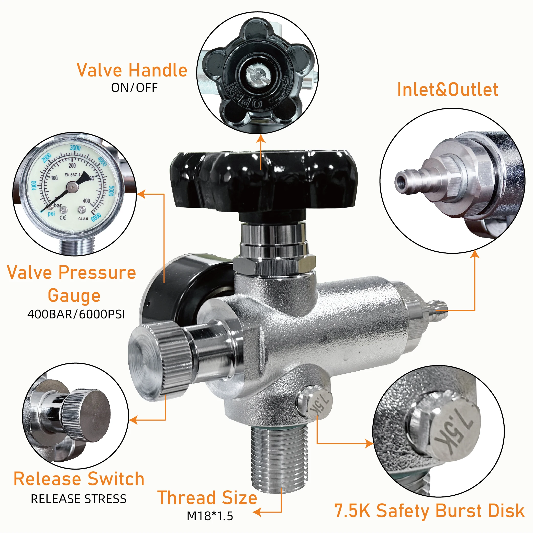 M18x1.5 DIN Type Scuba Tank Charging Valve Air Fill Station Refill Adapter with 400bar 6000psi Gauge 50cm High Pressure Hose