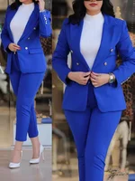 Conjunto de Dos Piezas de Traje y Pantalones de Color Sólido para Mujer, Corte Entallado, Estilo Ejecutivo, Doble Botonadura, Ropa Formal Femenina