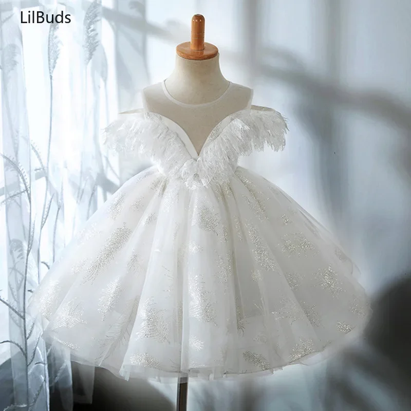 Baptism Boutique Kids Princess Dresses for Girls Children Feather Sequined Ball Gowns Toddler Birthday Wedding Frocks Baby Dress