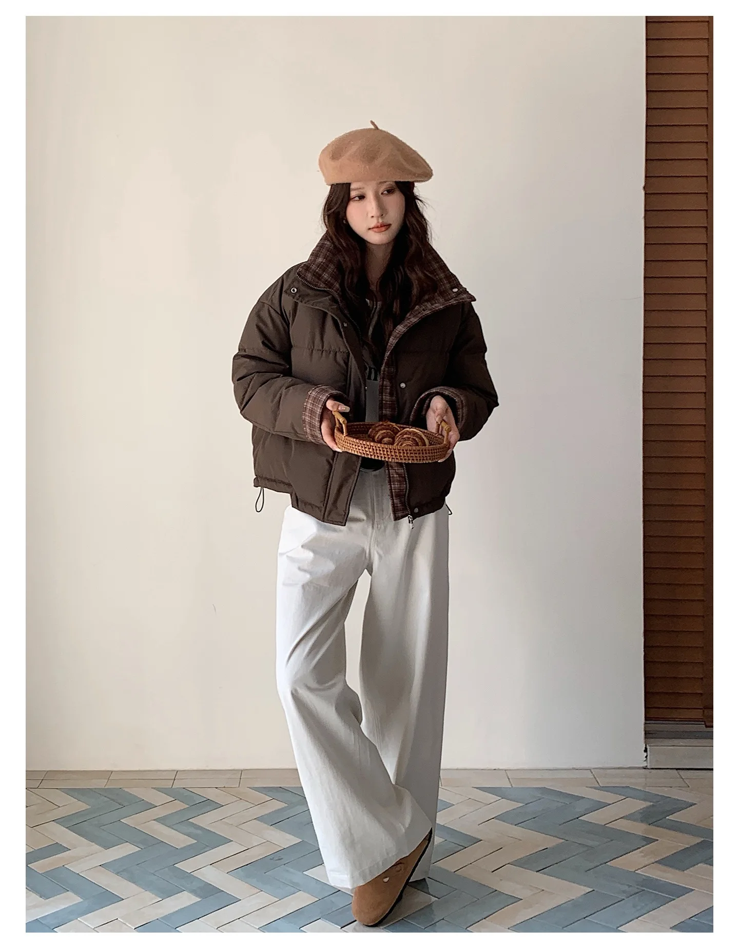 American Plaid Patchwork Puffer Jacket Women Winter Thick Stand Collar Short Parkas Woman Korean Casual Preppy Style Outerwear