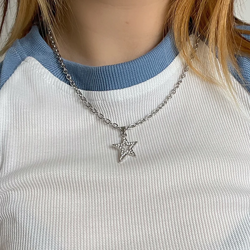 Korean Fashion Aesthetic Crystal Star Necklace Choker Punk Unique Pendant Necklace for Women Egirl Jewelry Y2K Accessories