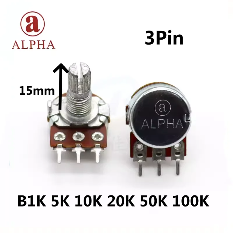 1pcs，Single loop rotary potentiometer，RK163，3Pin，B1K 5K 10K 20K 50K 100K，The shaft length is 15mm，Audio volume adjustment