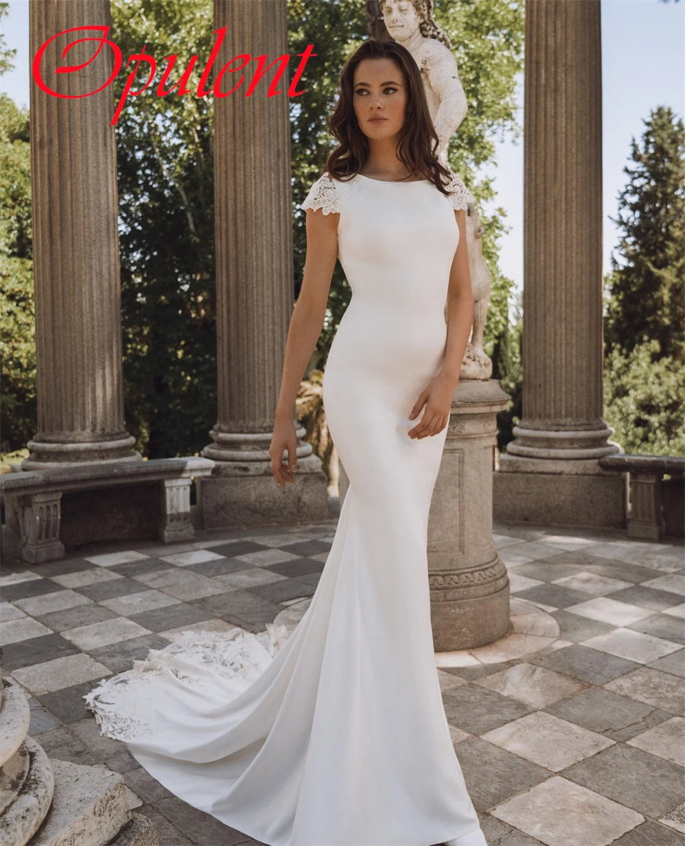 カスタマイズされたエレガントなホワイトジャージのウェディングドレス高品質スクープ半袖 Vestido デノビア気質マーメイドブライダルドレス