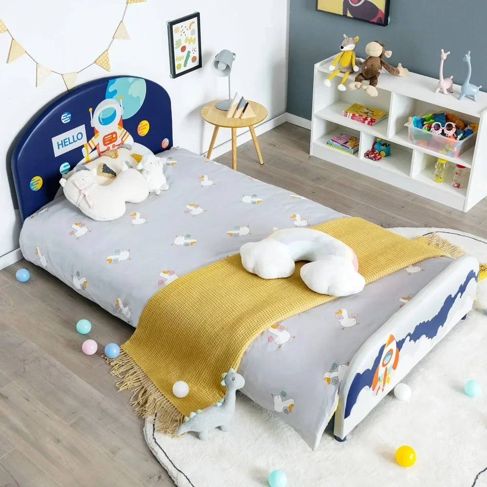 

Kids Upholstered Platform Bed, Modern Children Twin Size Wooden Bed Astronaut Pattern