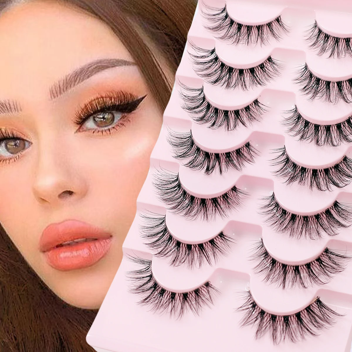 ขนตาปลอม 7 คู่ มีแถบโปร่งใส ขนตาปลอมหนาและหนา รูปลักษณ์เป็นธรรมชาติ ขนตาปลอมสไตล์ฟ็อกซ์ e