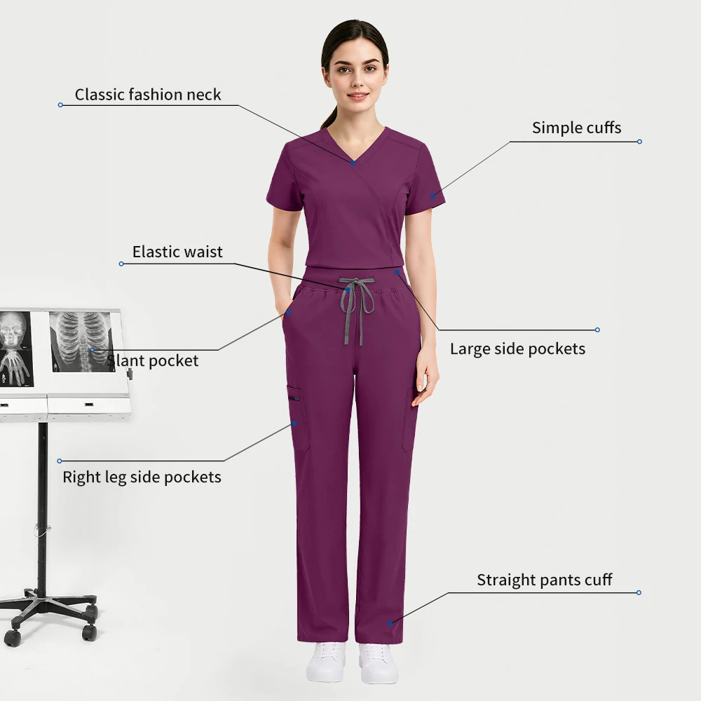 Slim Fitting Elasticity Scrub Set Operating Room Medical Uniform Scrubs Clothes Nurse Accessories Women Solid Color Surgery Suit