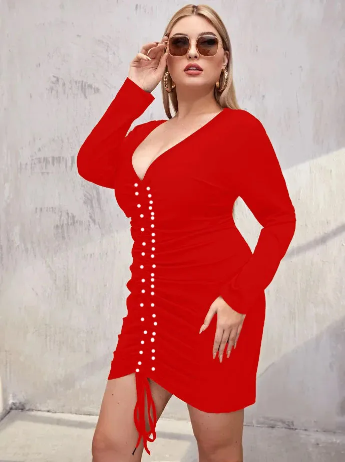 

2025 Autumn pear beaded Women's Deep V-neck Long-sleeve Bodycon Party Dresses Plus Size 9XL 8XL 7XL 6XL Night Club Tight Vestido
