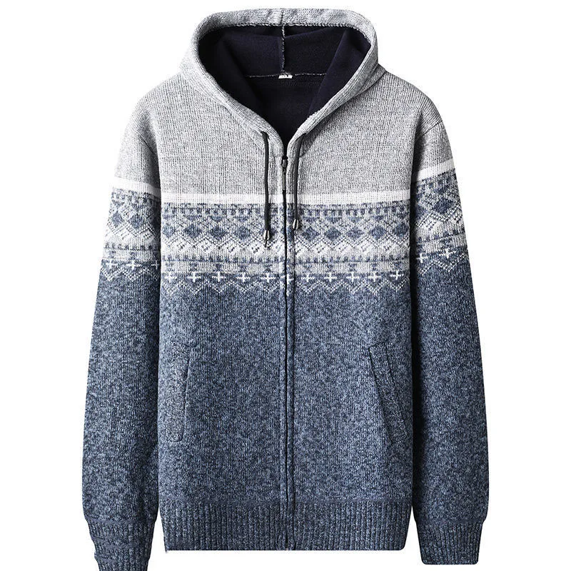 2023 New Autumn and Winter Plush Thickened Loose Warm Hooded Zipper Versatile Casual Dad Style Knitted Sweater Cardigan Jacket