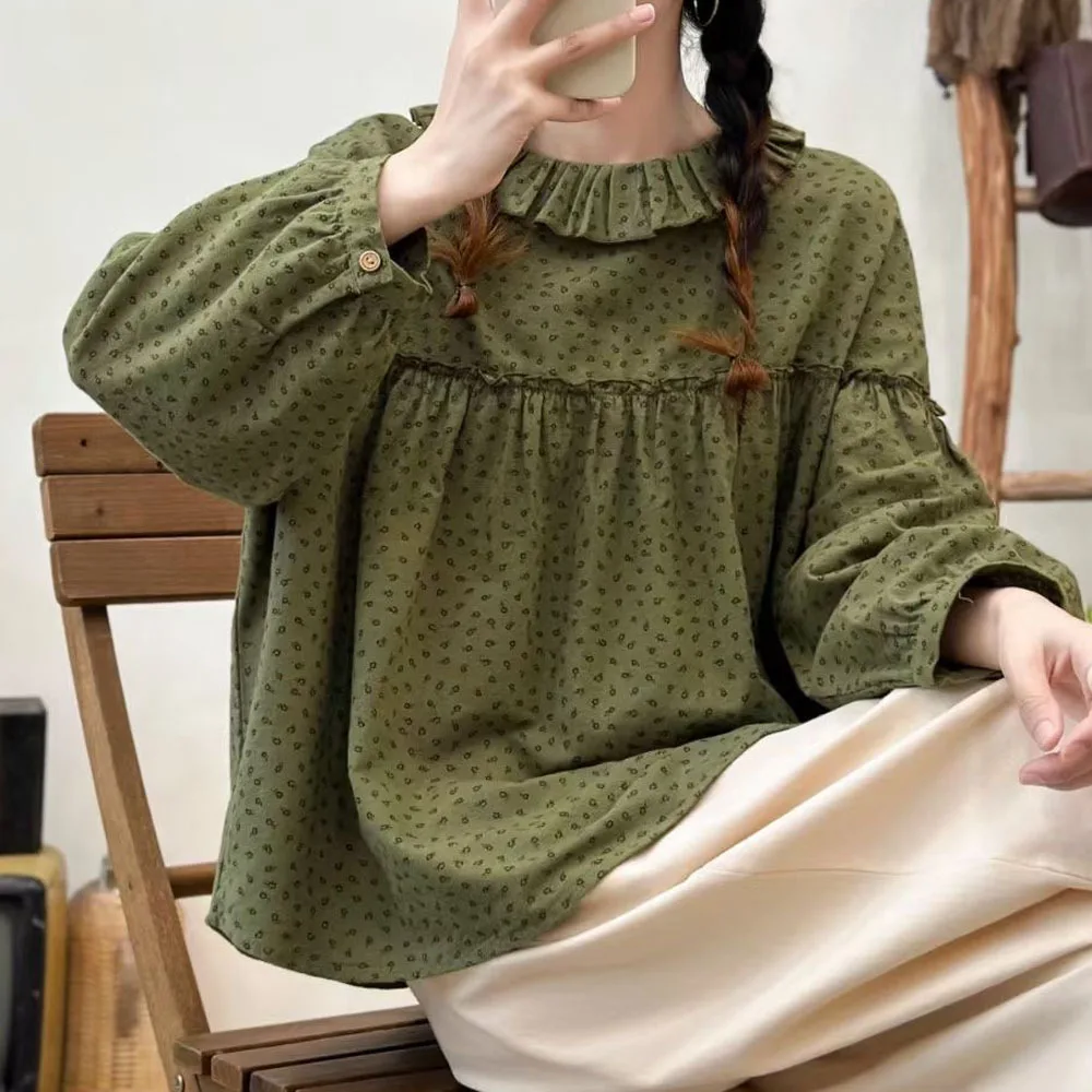 Damska koszula z długim rękawem na jesień, 100% bawełna, styl japoński vintage, z falbankami, w kropki, zielona bluzka i koszula dla kobiet.