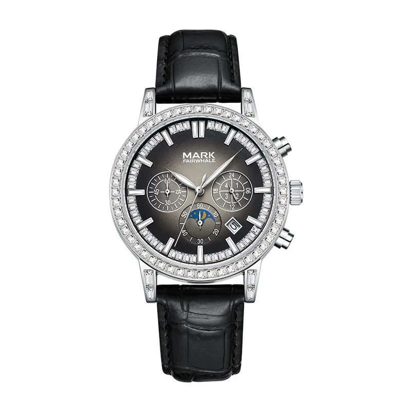 Men's Luxury Diamond Quartz Watch with Leather Strap plus Waterproof Luminous Calendar for Sport Daily