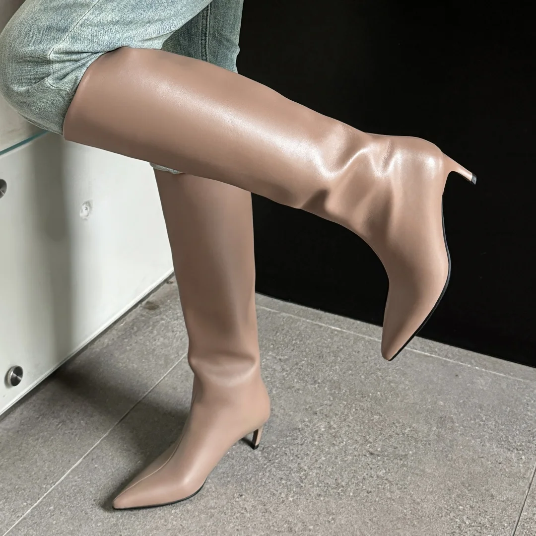 Damskie oryginalne skórzane 5,5 cm cienki wysoki obcas szpiczasty nosek wsuwane jesienne buty do kolan eleganckie damskie zachodnie długie buty buty