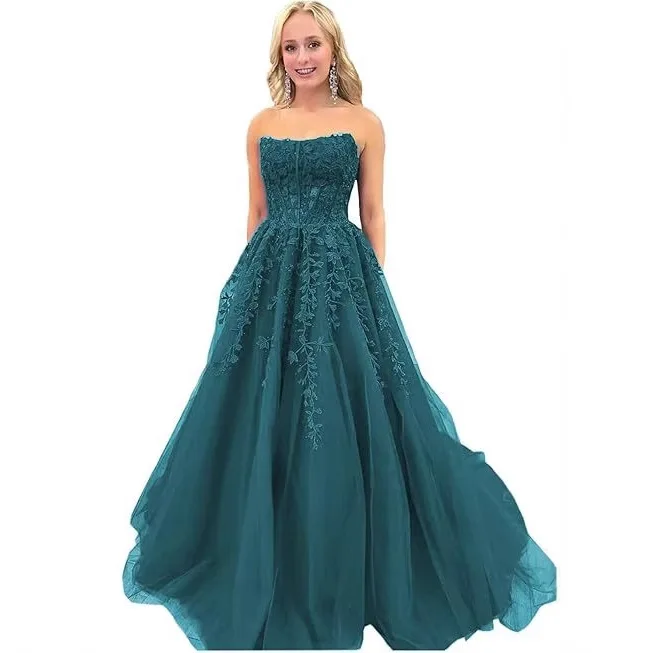 فستان حفلات على شكل حرف A مزين بالزهور من الدانتيل فستان سهرة منتفخ للأميرة للنساء برقبة سكوب فيستدو دي نوفيا مخصص