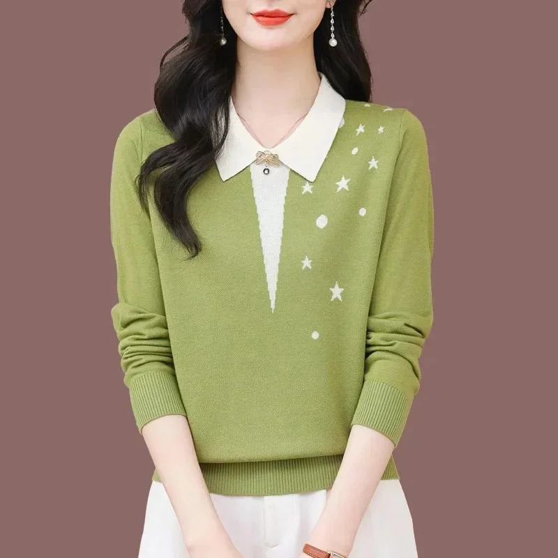 

Новый свитер с лацканами, женский пуловер, осенняя одежда 2026, тонкая нижняя рубашка для мам среднего возраста, женская рубашка с длинными рукавами