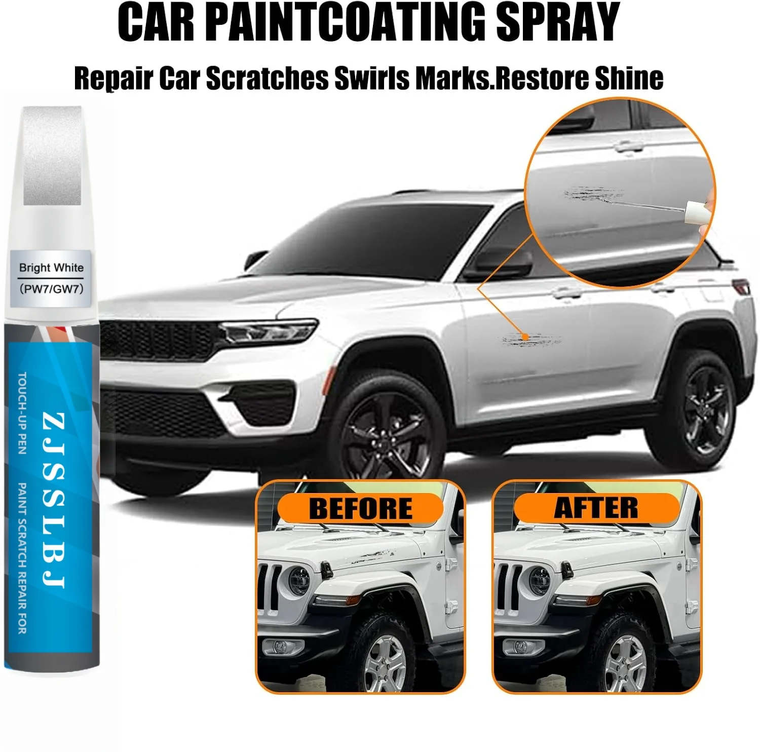 Car Touch Up Paint(Bright White(PW7/GW7)) for Jeep, Car Paint Scratch Repair Kit, Quick & Easy Solution to Repair, 2 in 1 Scratc