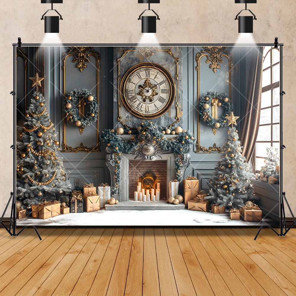 2024 New Christmas Photography Background Custom Winter Gold Clock Xmas Tree Indoor Family Party Decoration Backdrop Banner Prop