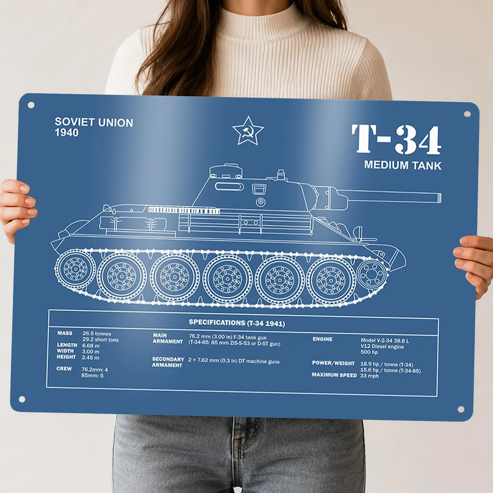 Металлический постер с чертежом танка Т-34 – идеальный подарок для фанатов и любителей, персонализированное настенное искусство, металлическая табличка для декора, роскошное украшение для комнаты