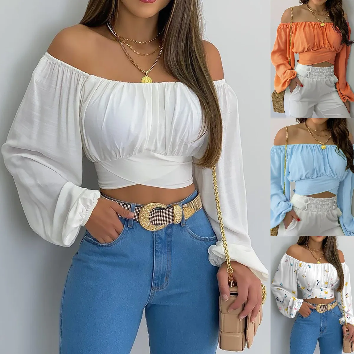 Off Shoulder Shirts Puff Long Sleeve Y2K Crop Tops Summer Clothes Women 2024 Black White Blouse Bandage Elegant Sexy Women Shirt