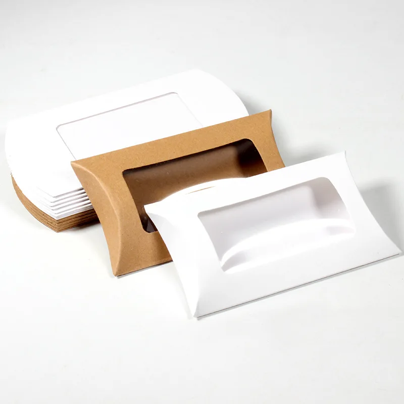 Caja de regalo de papel Kraft con ventana, cajas de embalaje de almohada de varios tamaños, cajas de joyería para galletas y dulces, fiesta de boda, 20/50/100 Uds.