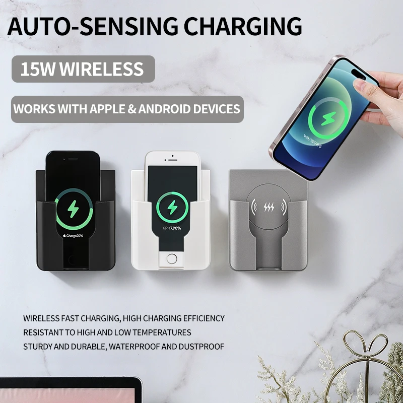 QI Universal Flush Wall Mount Wireless Charger,15W Fast Charging Stand for Phones,AC 110–220V