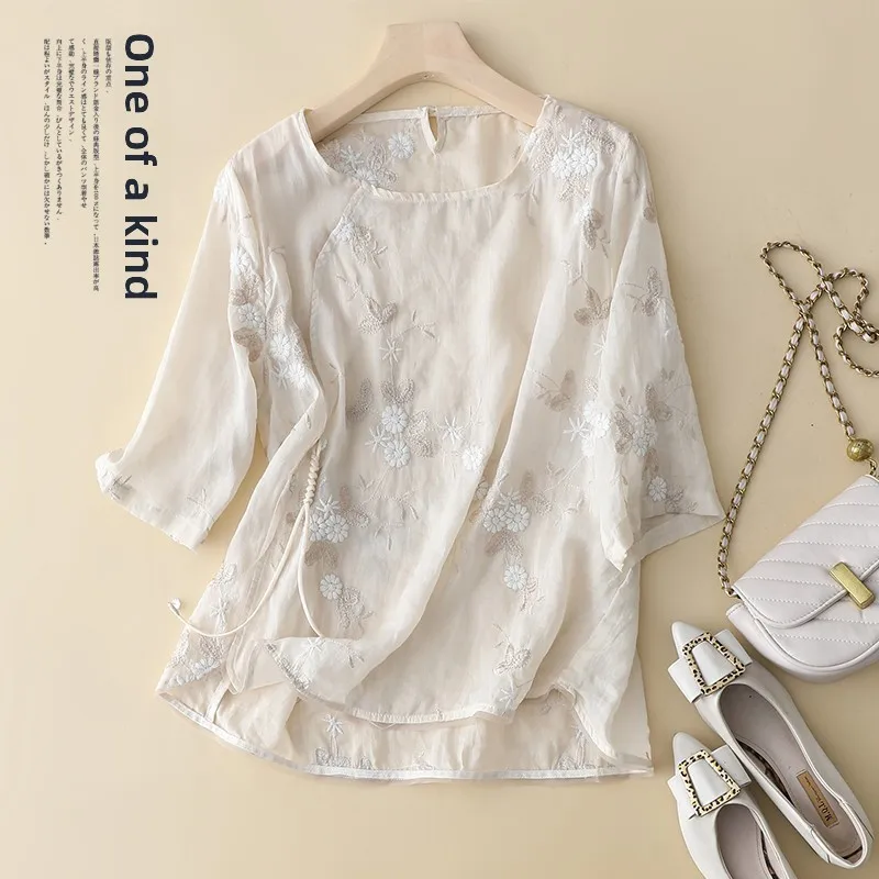 

Retro Chinese Style Embroidered Flax Shirt Women's Premium Feel Reformed Hanfu Tea Costume Loose Fit round Neck Short Sleeve