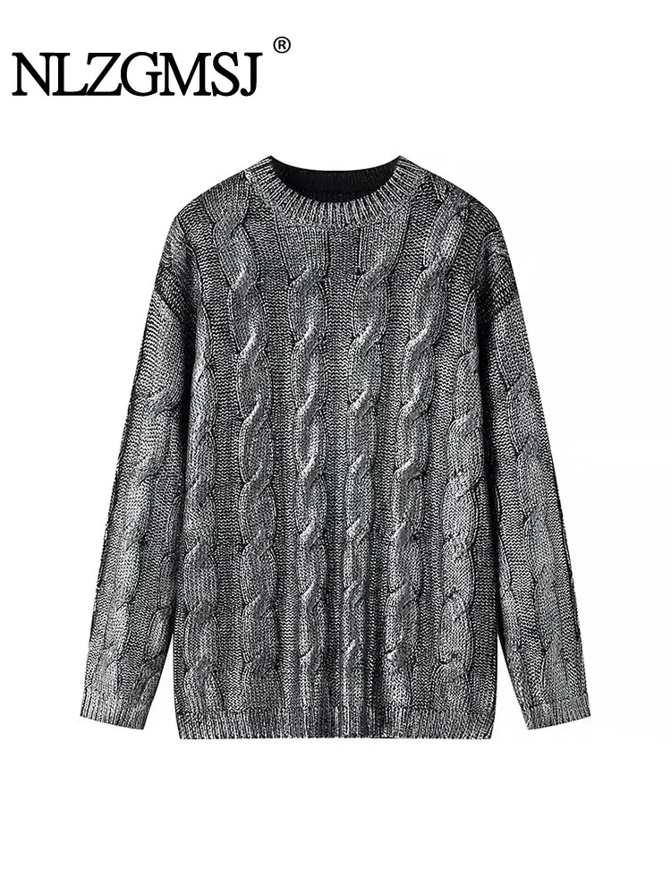 TRAF 2024 Autumn Silvery Foil Sweater Women Metallic Knitted Sweaters for Women Pullovers Top Long Sleeve Cable Sweater