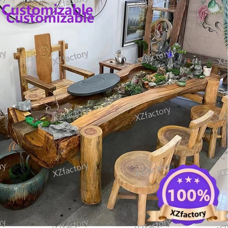 Integrated solid wood tea table with mountain-stream landscape, circulating water and fish tank, large tea table for tea room