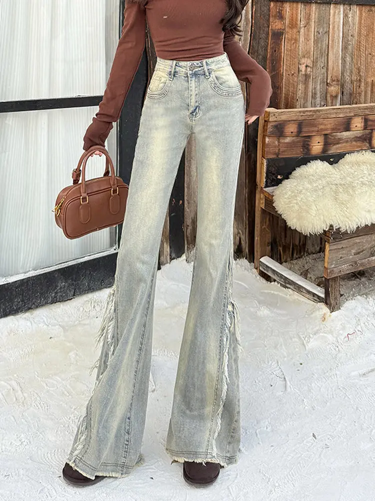 High Waist Micro Flare Jeans Women's Slimming Design Asymmetrical Frayed Light Colored Cotton Stretch Denim Spring Wear