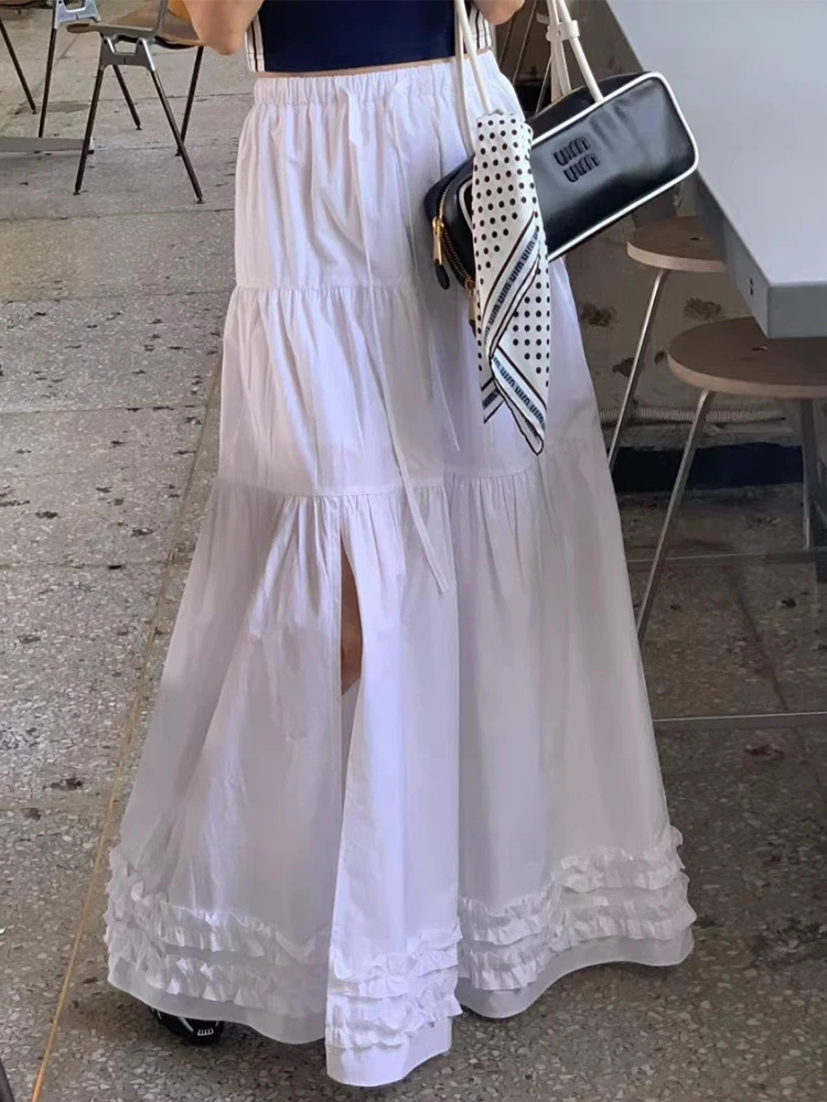 

Liangliang Home Personali Splicing Wood ain Slit A-Line f Skirt Women's Summer New Versatile Individual Long Skirt