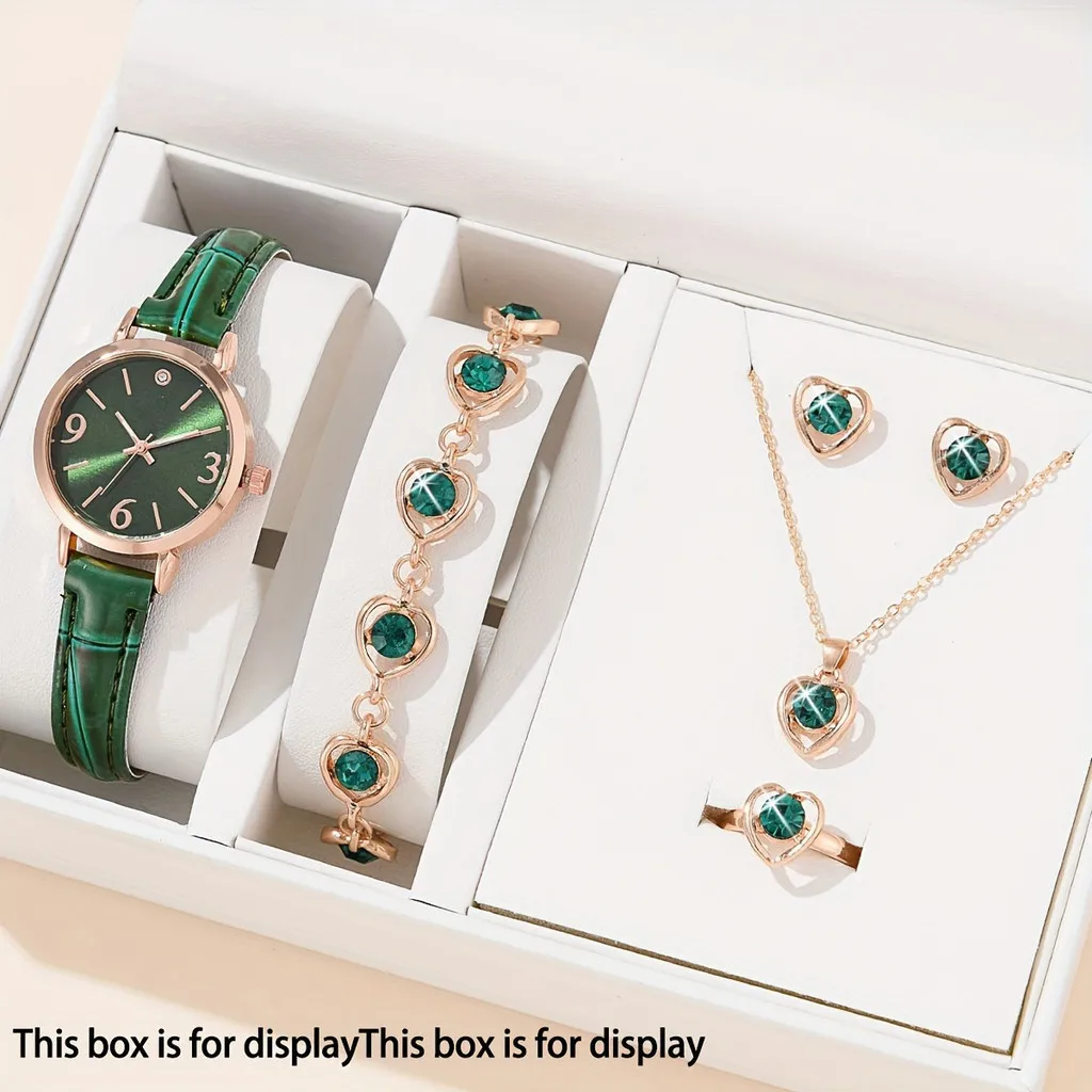 Kegllect 6 Stuks Vrouwen Horloge Cadeau Set Waterdichte Groene Luxe Sieraden Rond Diaol Mode Dames Verjaardagscadeau Geen Doos