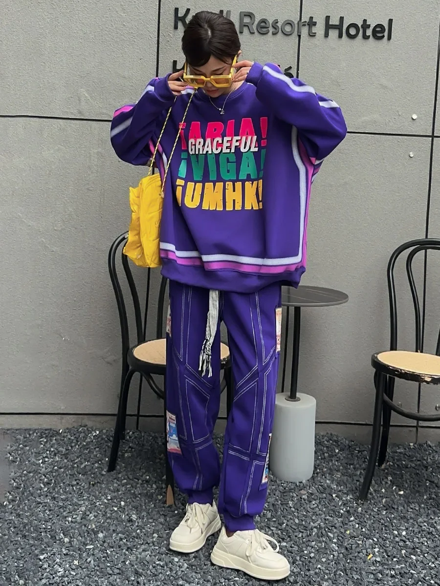 American Retro Letter Print Sweatshirts Women Spring Autumn Sweatpants Loose Leisure Sports Suit Oversized Two Pieces Suit