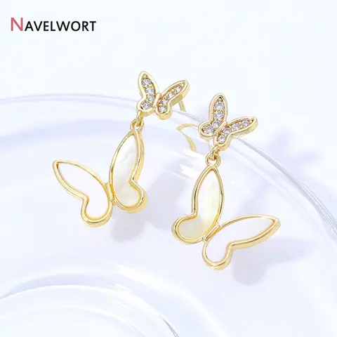 14K Gold Plated Brass With Zircon Butterfly Stud Earring Natural Shell Butterfly Stud Earring For Women Party Wedding Gifts
