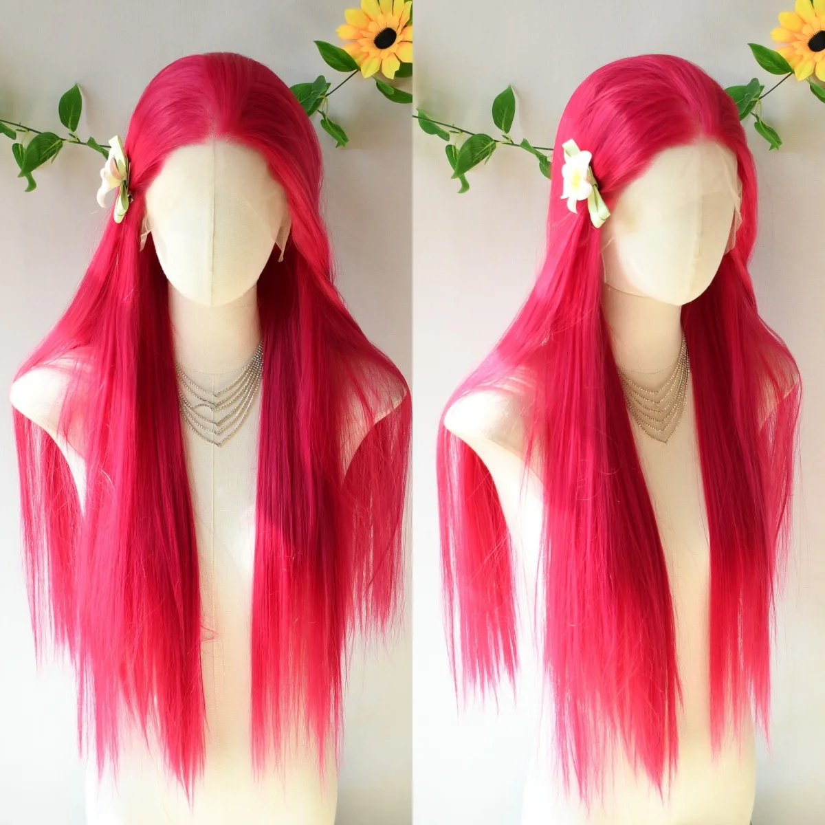 Rosa rosa wig13x4 hd osso reto peruca dianteira do laço sem cola peruca frontal do laço sintético de alta qualidade uso diário cosplay para wemon