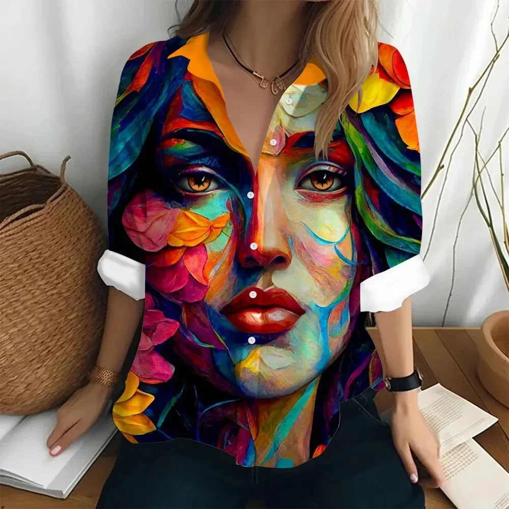 Camicia a maniche lunghe da donna hawaiana stampa digitale 3D pittura a olio astratta arte Top camicia elegante da donna moda donna allentata