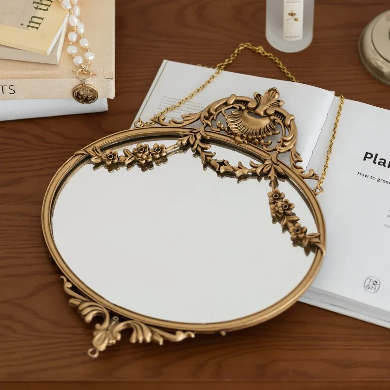 Vintage court style wall-mounted decorative mirror cosmetic mirror gold chain carved bedroom bathroom cosmetic mirror