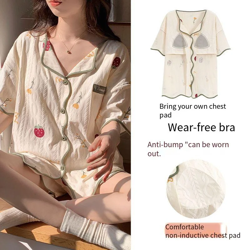 

New Summer Sleepwear For Women, Korean Version, Sweet Anti Bulge Short Sleeved Cardigan With Chest Cushion, Women's Home Suit