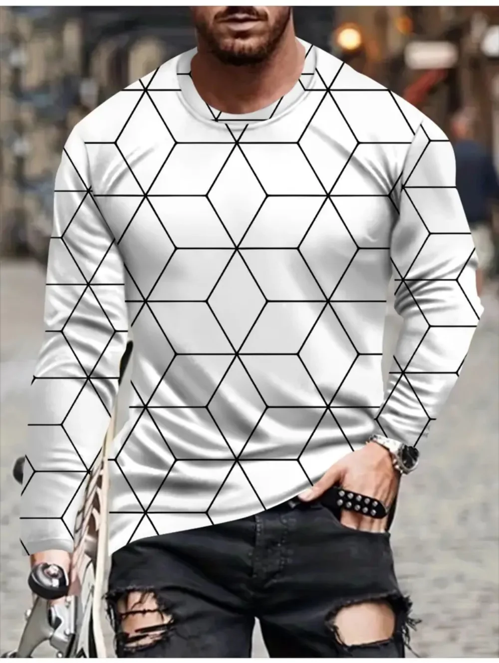 T Shirts for Man Geometric Block 3D Print Autumn Long Sleeve T