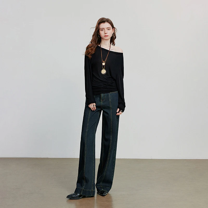 TOYOUTH جينز حريمي 2025 خريف جديد قطن سبليت تصميم واسع الساق الموز السراويل تفكيك السراويل الطويلة