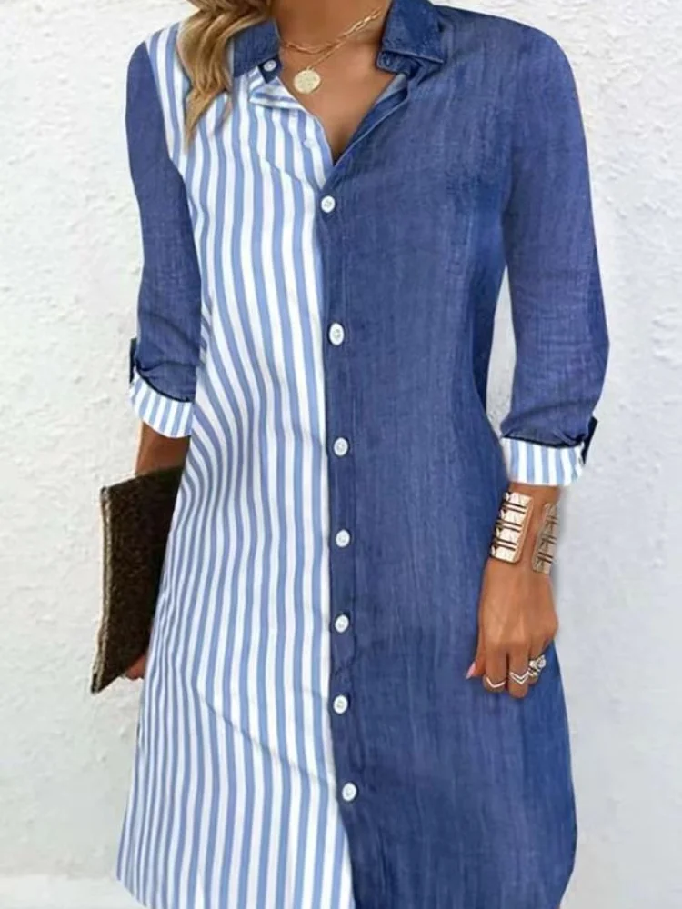 Autumn Winter Spring New Fashion Casual Long Sleeve Striped Colorblock Buttoned Shirt Dress Elegant Dresses for Women