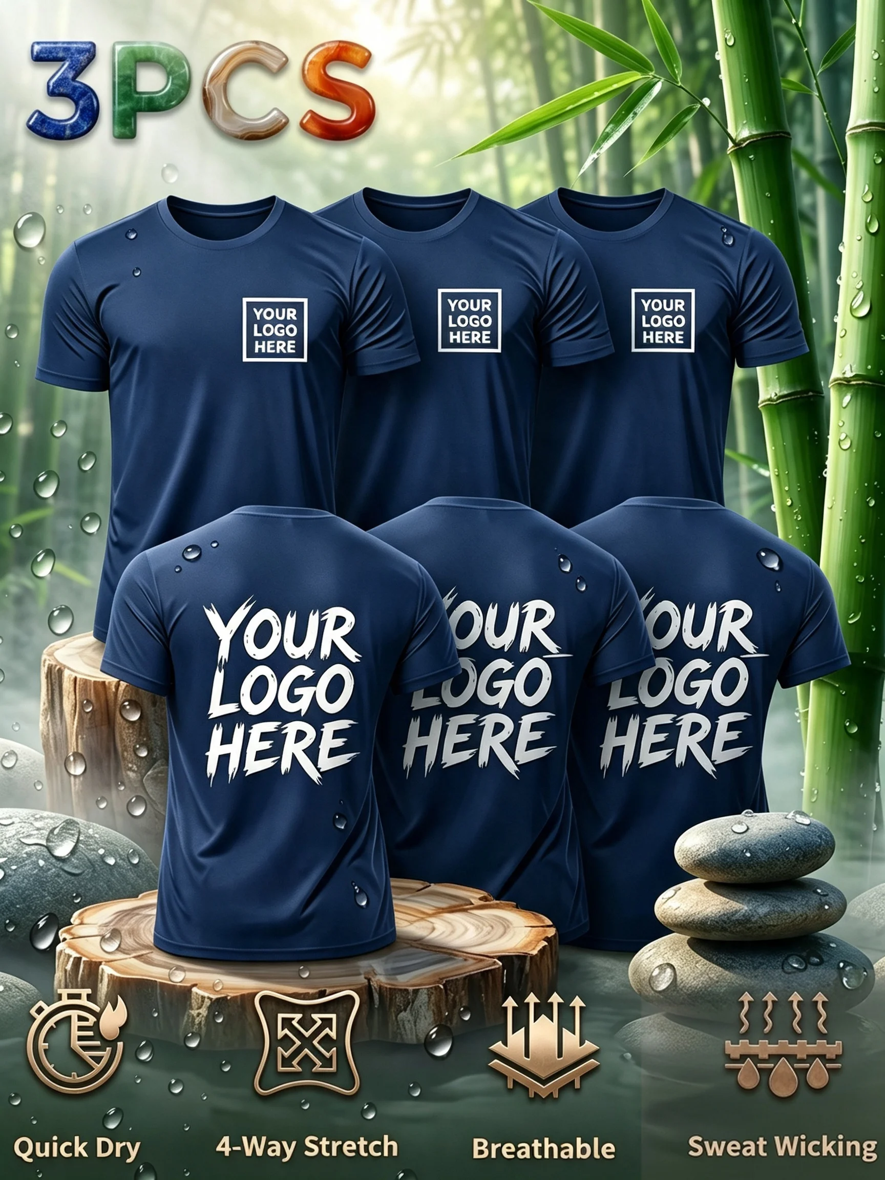 [3pcs Customization Set] Personalized Men'S T-Shirt, Short Sleeve Top, Summer, Customizable Logo on Chest And Back with Text