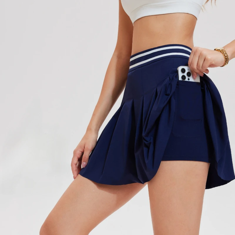 2 in 1 Pleated Tennis SkIrt With Pockets Women High Waist Anti-Exposure Yoga Skirt Golf Running Badminton Sports Active Short